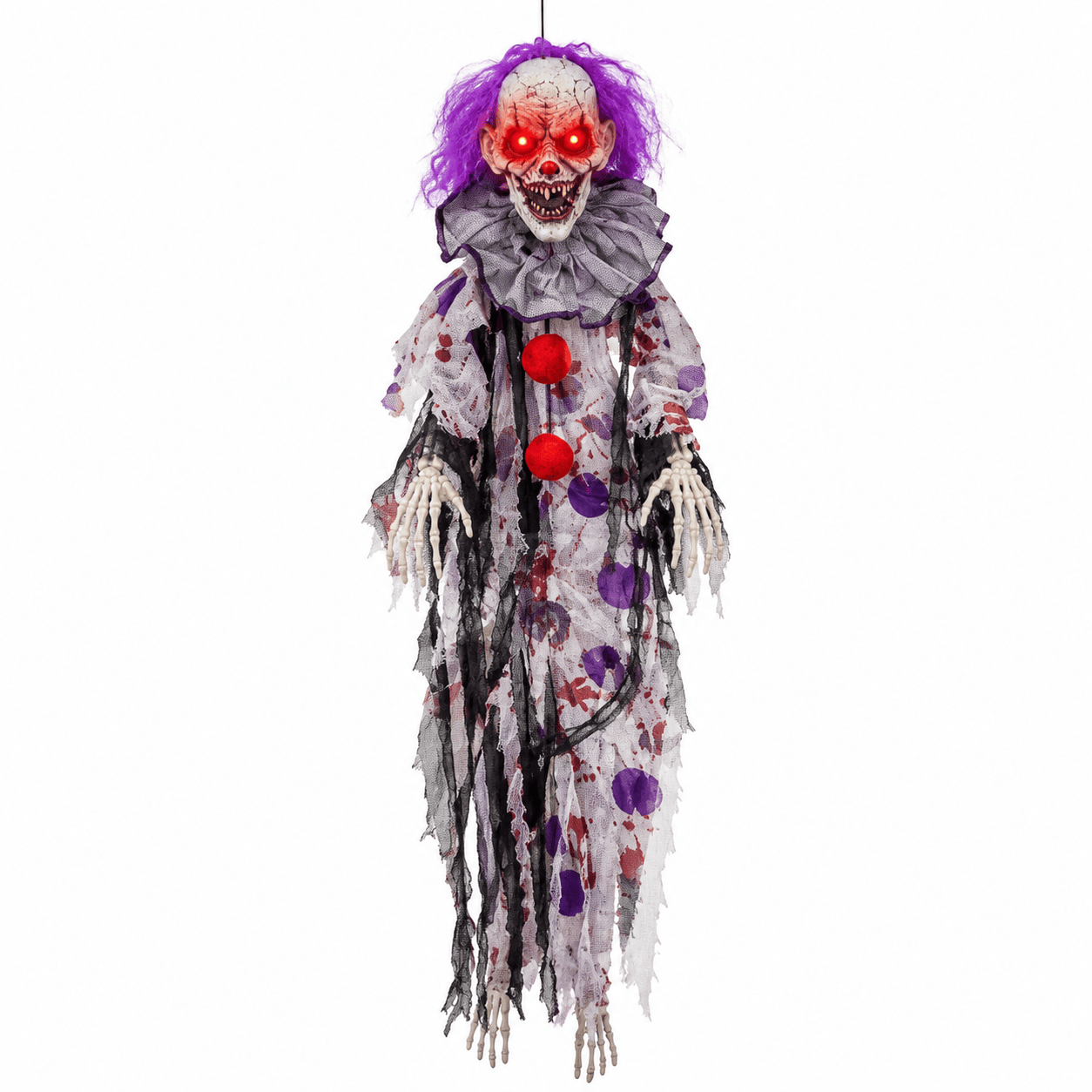 alpha-55-petit-clown-fantome-suspendu-120-cm-halloween-1260016036.png Petit Clown Fantôme Suspendu 120 cm – Son, LED & Mouvement – Image 1